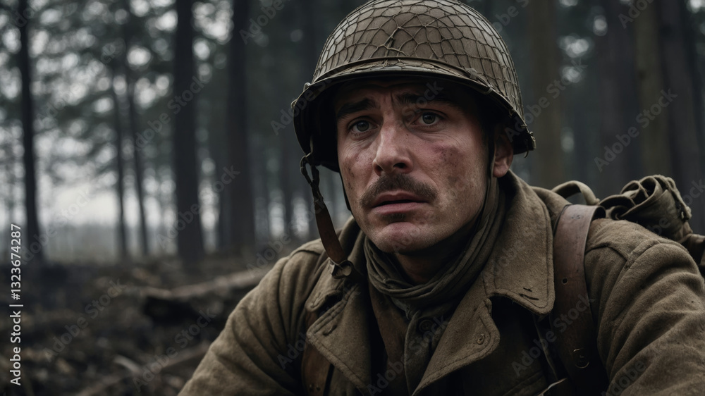 A young soldier looks on with concern amidst a dense forest, his fatigues showing signs of battle. A young soldier looks on with concern amidst a dense forest, his fatigues showing signs of battle.