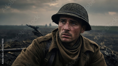 Wallpaper Mural A soldier in world war stares intensely over the battlefield from a trench with the war raging. Torontodigital.ca