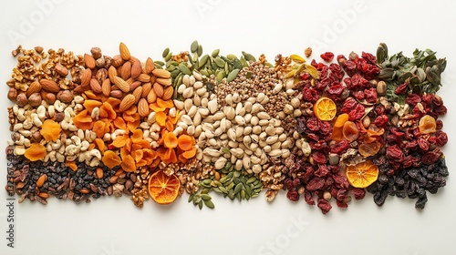 Fototapeta Naklejka Na Ścianę i Meble -  A vibrant tableau of nature s bounty, showcasing an artful arrangement of nuts, seeds, and dried fruits, each a testament to the nutritional power of wholesome foods, presented against a pristine