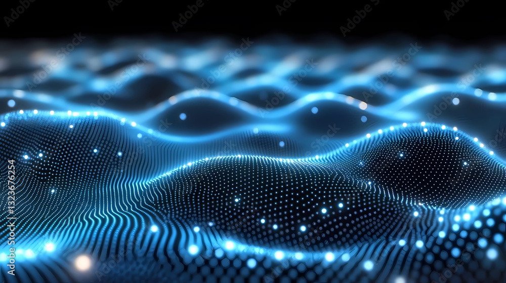 Blue Abstract Waves and Dots on a Dark Background