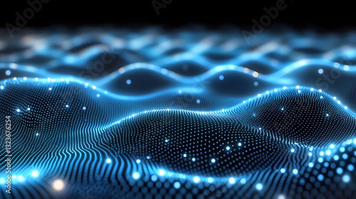 Obraz na płótnie Blue Abstract Waves and Dots on a Dark Background w salonie