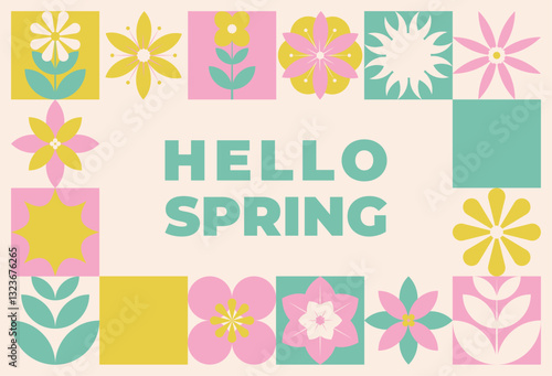 Hello Spring Banner in Geometric style wit flowers, plants. Vector template in naive style.