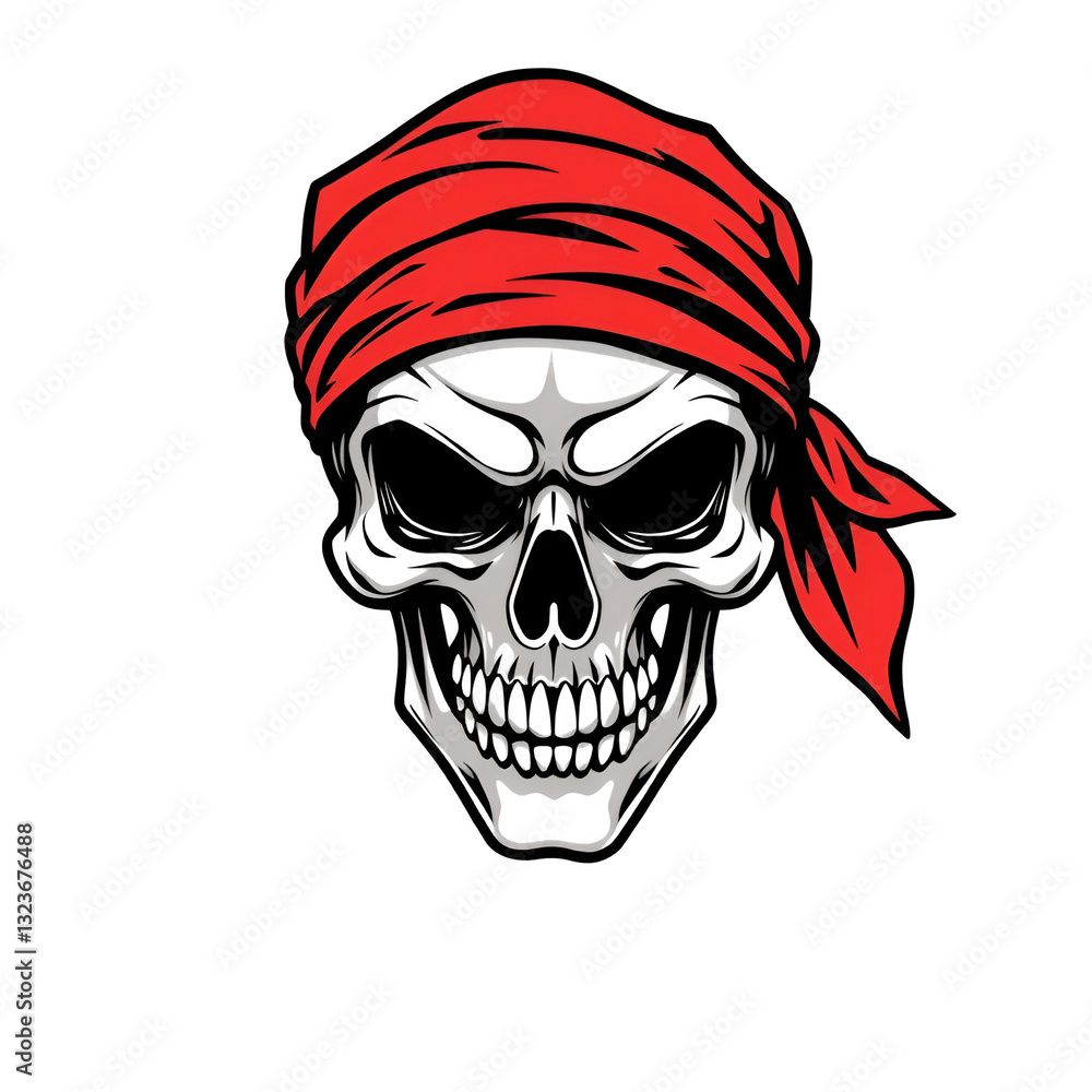 Skull wearing red bandana, menacing expression, isolated on white, graphic design element for apparel or posters Skull wearing red bandana, menacing expression, isolated on white, graphic design element for apparel or posters