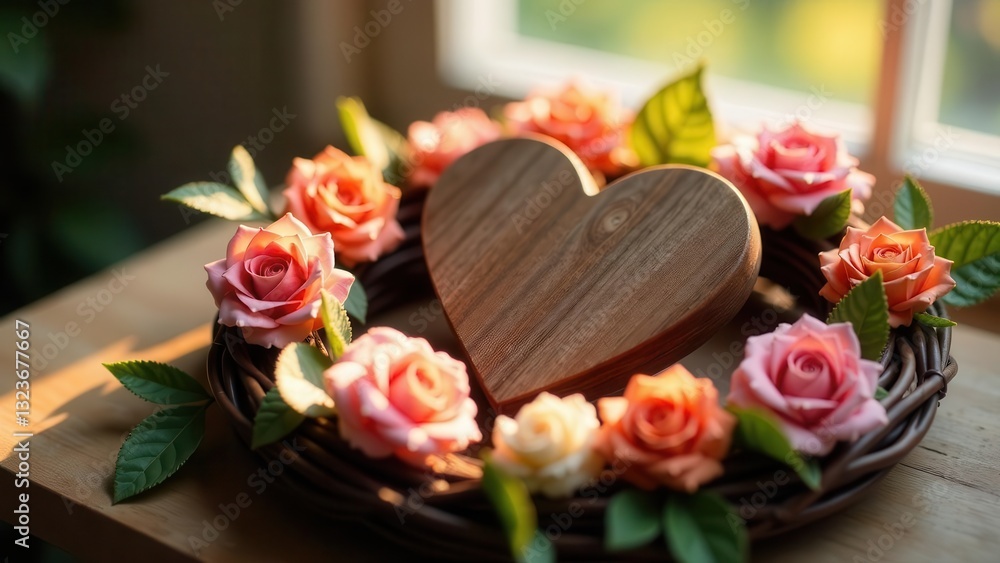 Obraz premium Wooden heart nestled in a delicate rose wreath bathed in sunlight