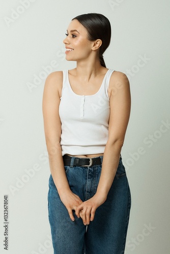 Wallpaper Mural portrait of a young woman in a studio on a white background in a white T-shirt and jeans Torontodigital.ca