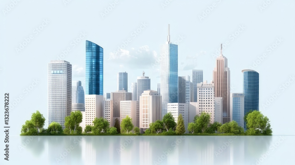 Modern city skyline with green park, reflecting on water, isolated on white background. Modern city skyline with green park, reflecting on water, isolated on white background.