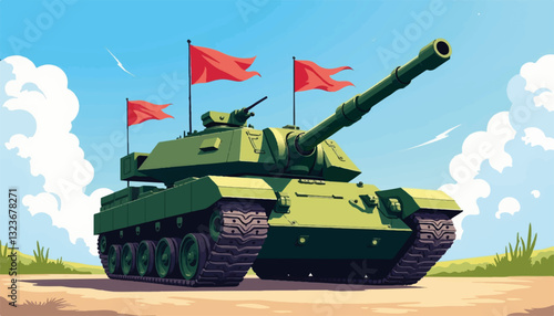 Military tank with flags on a grassy landscape
