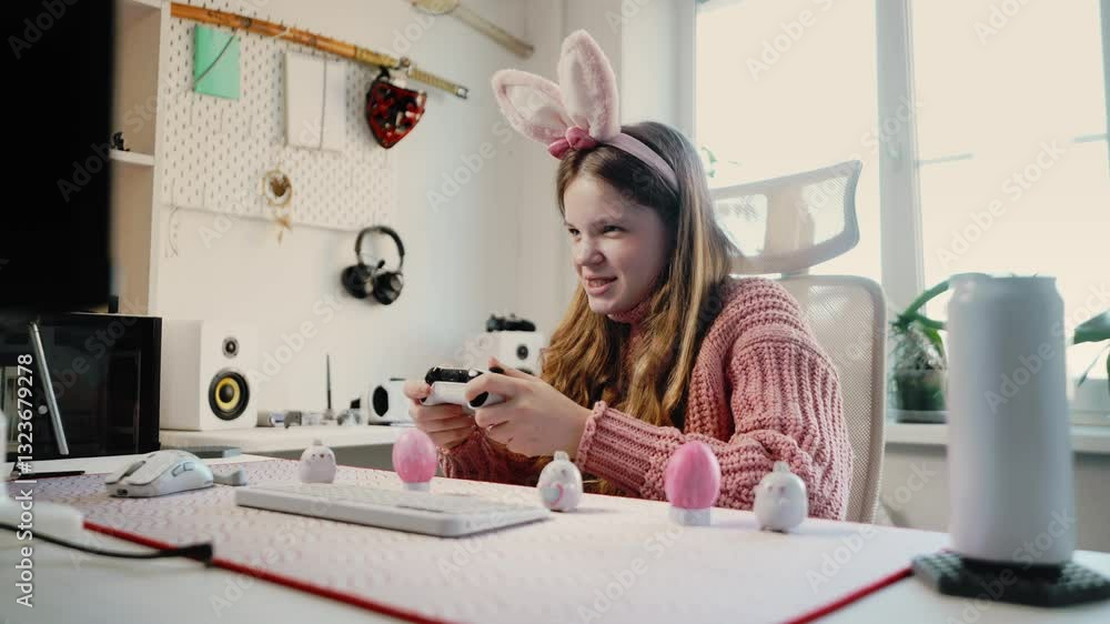 Young girl with bunny ears enjoys gaming in cozy Easter themed setup. Pastel colored eggs decorate desk, adding festive mood to virtual adventure. Holiday spirit and modern entertainment. Young girl with bunny ears enjoys gaming in cozy Easter themed setup. Pastel colored eggs decorate desk, adding festive mood to virtual adventure. Holiday spirit and modern entertainment.