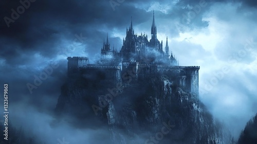 old castle in the night with fog and dark clouds