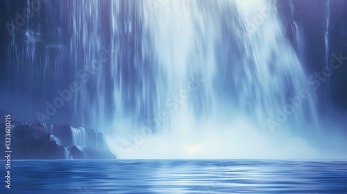 A waterfall cascades down a cliff face, with a still pool of water at its base.