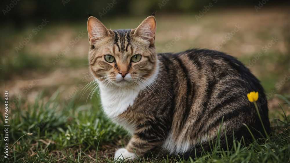 A handsome tabby cat with bright green eyes gazes intently into the camera while sitting in a grassy field. A handsome tabby cat with bright green eyes gazes intently into the camera while sitting in a grassy field.