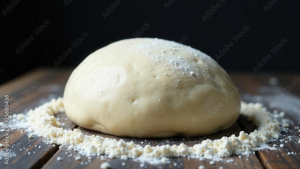 A smooth ball of bread dough rests on a dark wooden surface, surrounded by a ring of flour. The dough is lightly dusted with flour, showcasing its texture and readiness for baking. A smooth ball of bread dough rests on a dark wooden surface, surrounded by a ring of flour. The dough is lightly dusted with flour, showcasing its texture and readiness for baking.