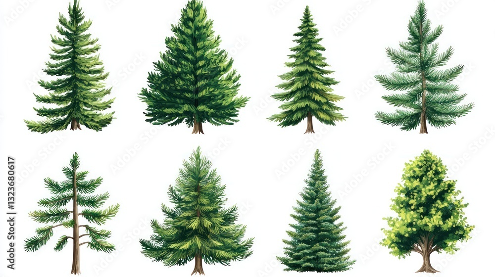 Evergreen trees, white background, nature guide Evergreen trees, white background, nature guide