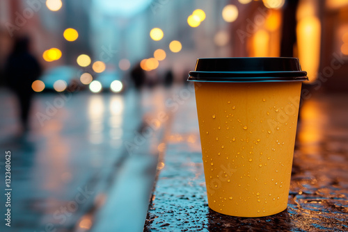 Disposable yellow cardboard cup with coffee on a blurred street background, symbolizing modern urban lifestyle and take-out culture in a bustling Eastern European city