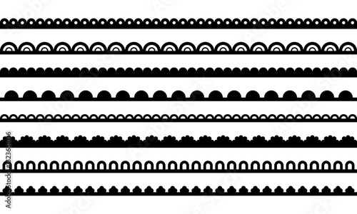 Lace edge border. Scallop on fabric frill. Vector set with embroidery ornament isolated on white background.
