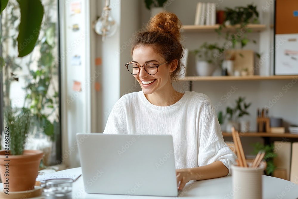 Young woman works on laptop at home surrounded by plants in a bright and cozy workspace Young woman works on laptop at home surrounded by plants in a bright and cozy workspace