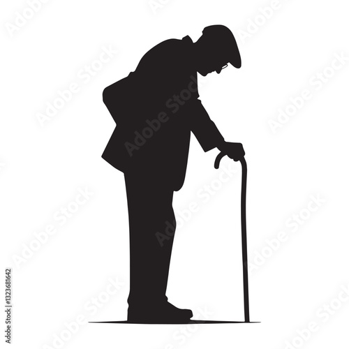 Philosophical Oldman Leaning on Cane silhouette, pondering the past - Oldman illustration - Minimalist Oldman vector - Deep thinker
