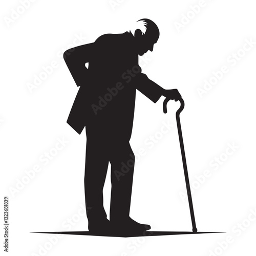 Retired Gentleman Oldman Leaning on Cane silhouette, moving at his own pace - Oldman illustration - Minimalist Oldman vector - Peaceful elder
