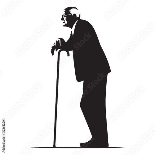 Silent Observer Oldman Leaning on Cane silhouette, watching the world change - Oldman illustration - Minimalist Oldman vector - Thoughtful elder
