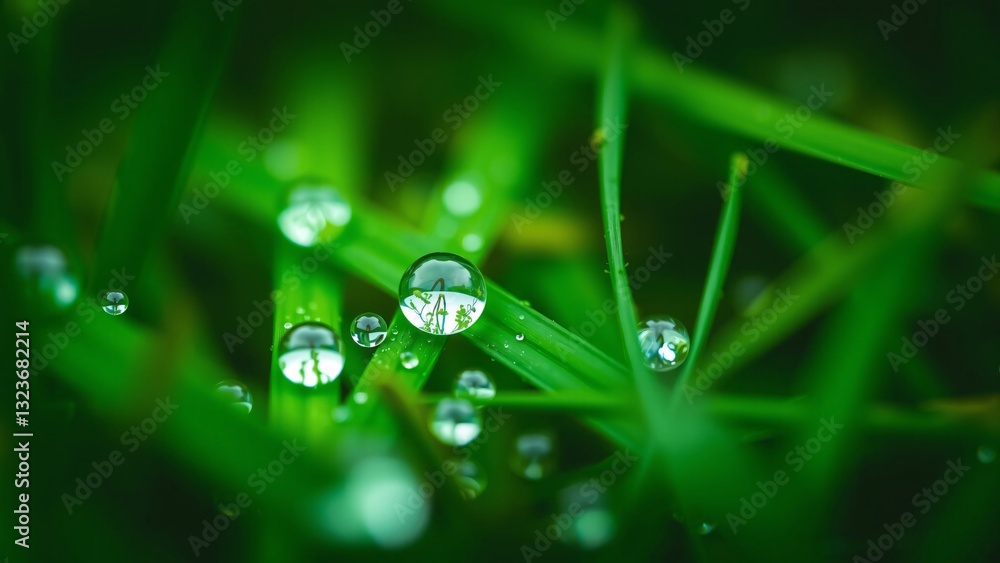 Dew Drops on Blades of Green Grass - Macro Photography Dew Drops on Blades of Green Grass - Macro Photography