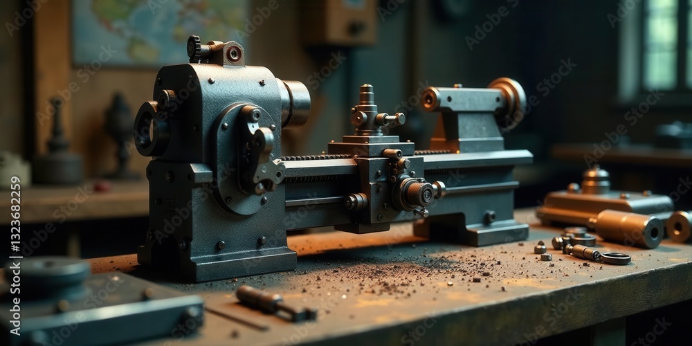 Fototapeta premium A Vintage Metalworking Lathe Rests on a Dusty Workbench in a Well-Used Workshop
