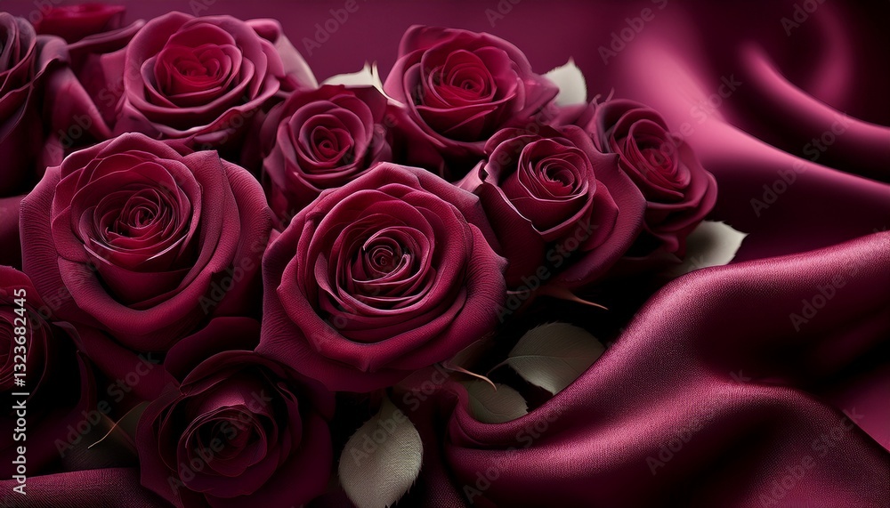 Obraz premium Romantic and opulent roses in deep shades of burgundy, beautifully set against a soft, rich velvet background, creating a luxurious and timeless aesthetic