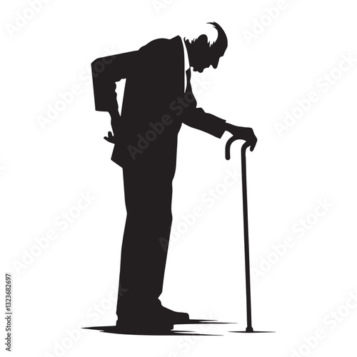 Thoughtful Oldman Leaning on Cane silhouette, looking back on memories - Oldman illustration - Minimalist Oldman vector - Reflective elder
