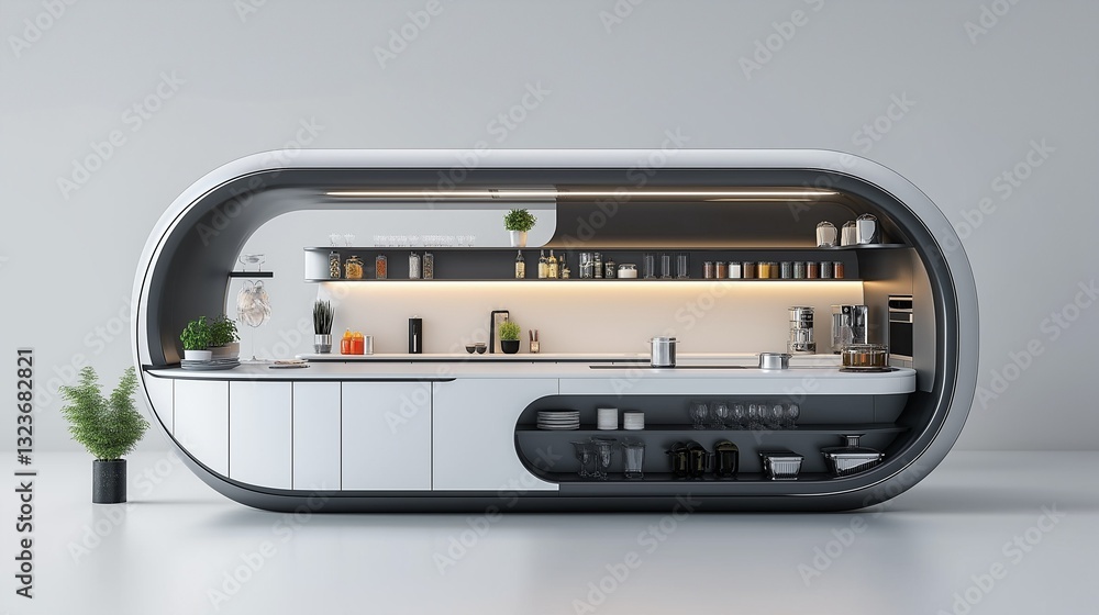 A modern kitchen designed with a unique aesthetic. A modern kitchen designed with a unique aesthetic.