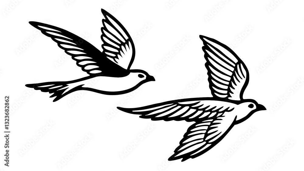 Fototapeta premium Two Graceful Swallows In Flight, Soaring Freely Against A Stark White Background, A Bold Black Ink Style Capturing Their Elegance And Freedom
