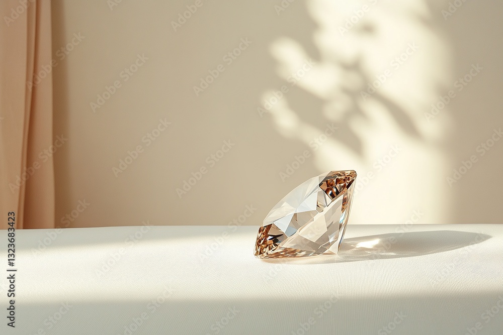 Radiant crystal diamond resting on a soft surface with gentle sunlight illuminating the surroundings Radiant crystal diamond resting on a soft surface with gentle sunlight illuminating the surroundings