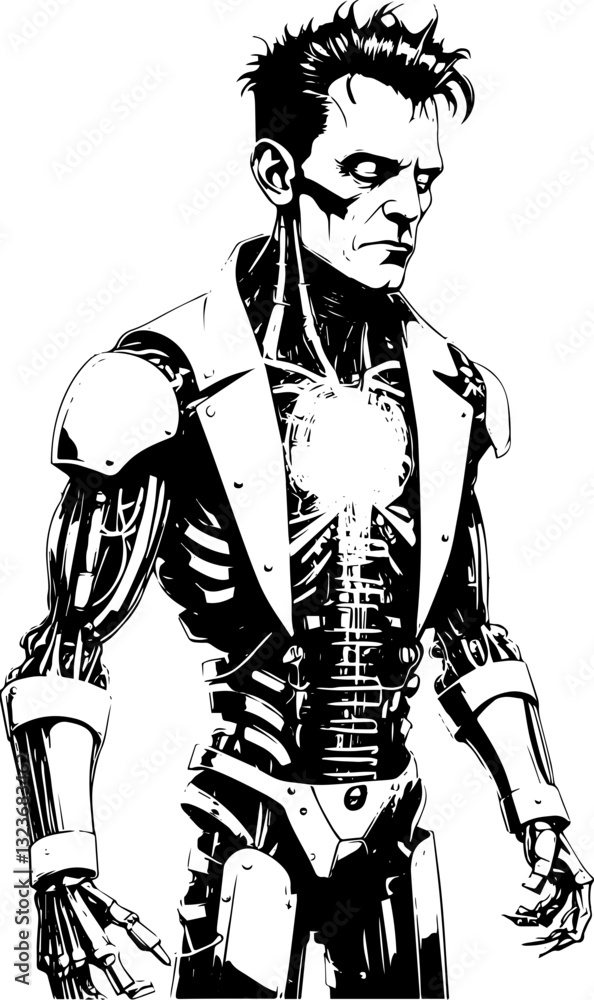 SVG vector features Frankenstein with electric, energy-based design. Futuristic Robot Character with Exposed Mechanical Features SVG vector features Frankenstein with electric, energy-based design. Futuristic Robot Character with Exposed Mechanical Features