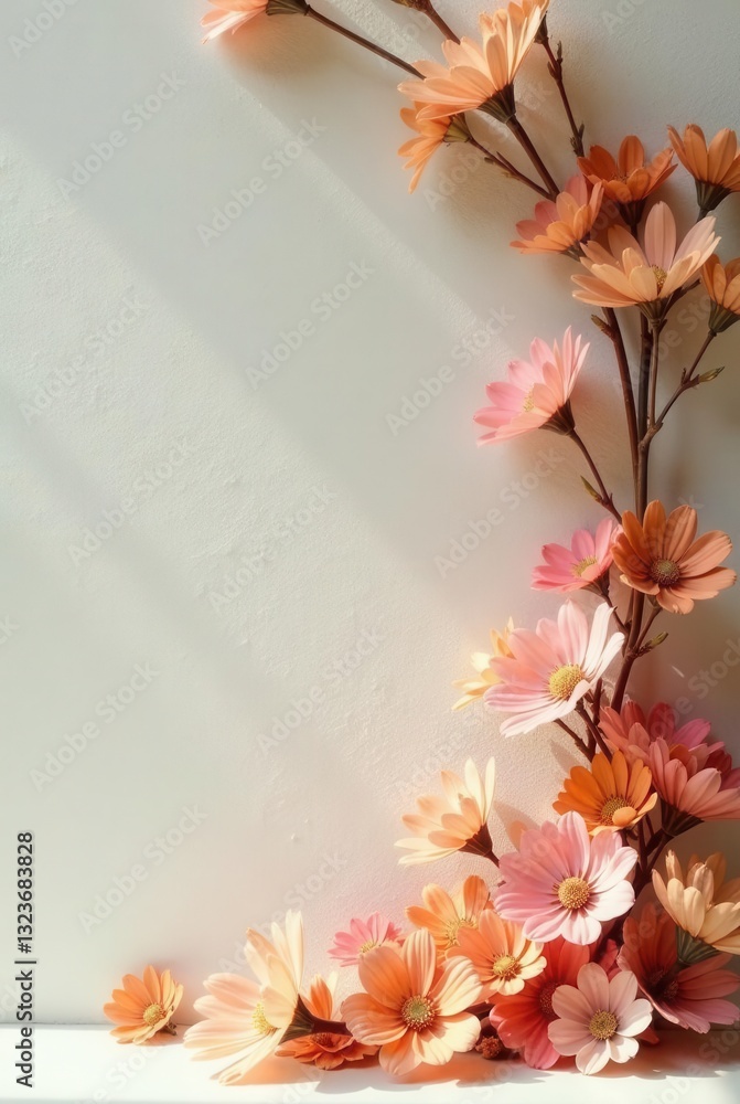 A delicate arrangement of pastel blossoms, showcasing soft peach and pink hues, artfully positioned against a sunlit, off-white backdrop creates a serene and elegant aesthetic. A delicate arrangement of pastel blossoms, showcasing soft peach and pink hues, artfully positioned against a sunlit, off-white backdrop creates a serene and elegant aesthetic.