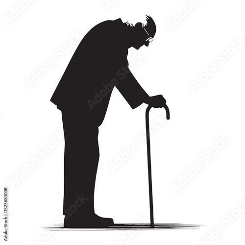 Contemplative Oldman Leaning on Cane silhouette, a thinker lost in memories - Oldman illustration - Minimalist Oldman vector - Wise elder
