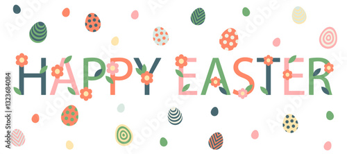 Happy Easter greating banner with lettering and minimalistic decoration. Geometry design