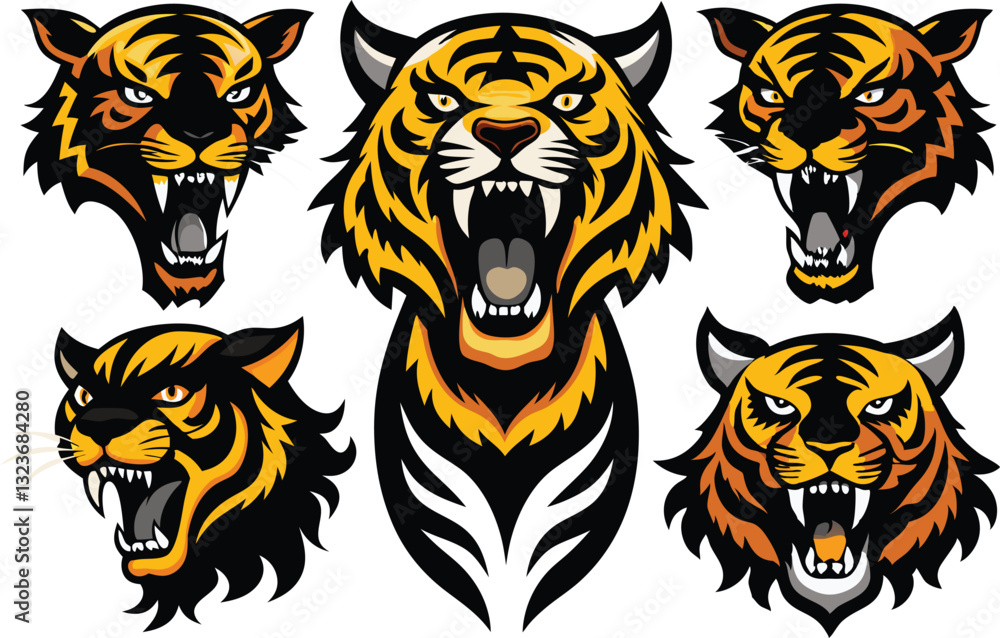 Tiger head mascot collection, tiger icon set. Vector illustration Tiger head mascot collection, tiger icon set. Vector illustration