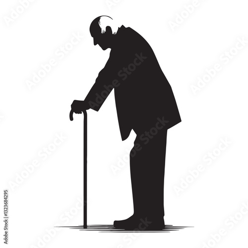 Weathered Oldman Leaning on Cane silhouette, carrying years of experience - Oldman illustration - Minimalist Oldman vector - Aged silhouette
