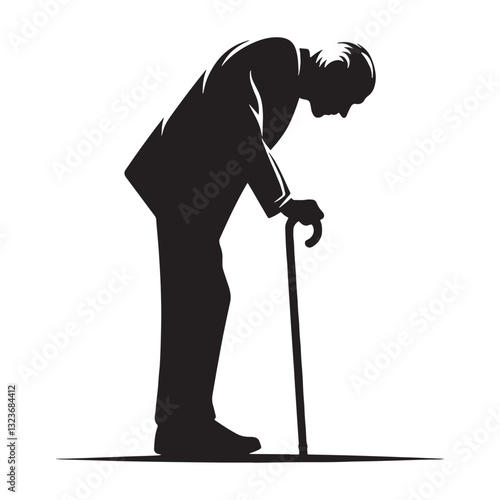 Lonely Oldman Leaning on Cane silhouette, lost in quiet reflection - Oldman illustration - Minimalist Oldman vector - Nostalgic figure

