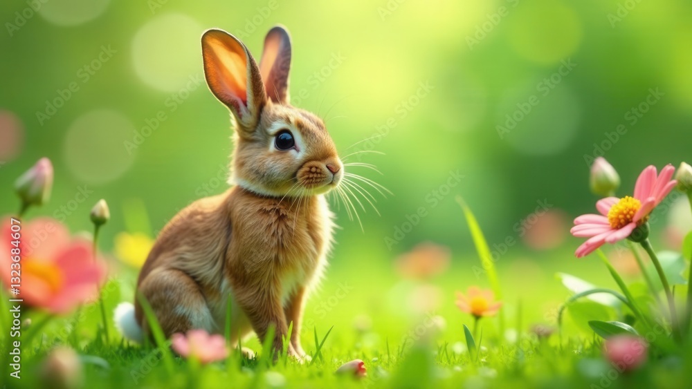 Adorable young bunny rabbit sitting amidst vibrant spring flowers in a lush green meadow Adorable young bunny rabbit sitting amidst vibrant spring flowers in a lush green meadow