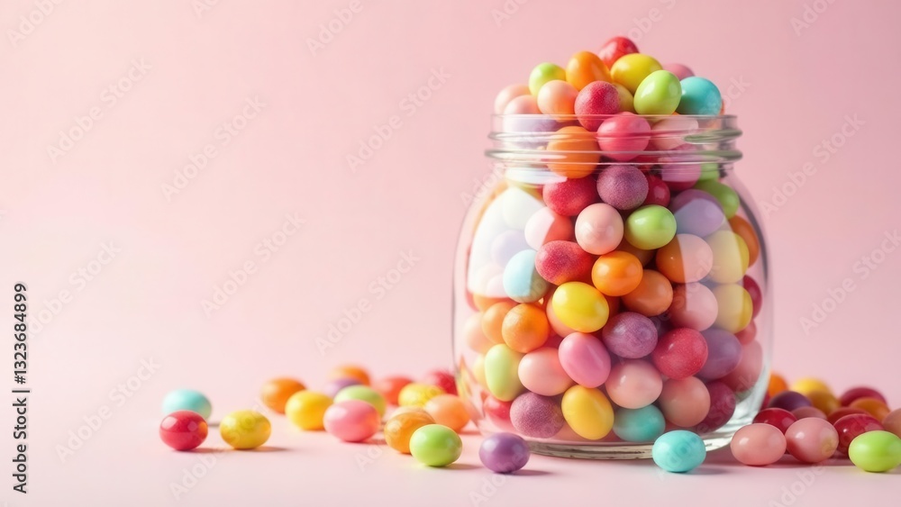 A delightful jar filled with colorful candy, spilling some sweets onto a pink surface A delightful jar filled with colorful candy, spilling some sweets onto a pink surface