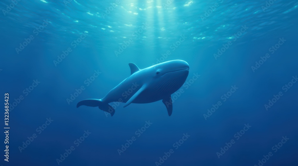 Obraz premium A large whale swims gracefully in the deep blue ocean, surrounded by tranquil waters. Sunlight streams down from the surface, creating a serene atmosphere