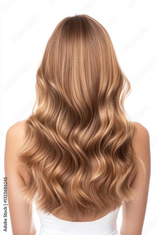 Naklejka premium Warm blonde hair cascades in soft waves reaching mid-back, illuminated against a plain background. The smooth texture enhances the natural shine