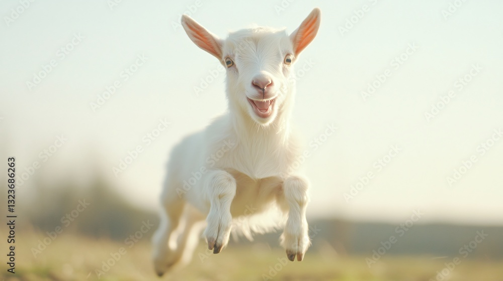 Playful young goat leaping in a sunny field, vibrant green grass, lively and energetic scene, perfect for nature themes. Playful young goat leaping in a sunny field, vibrant green grass, lively and energetic scene, perfect for nature themes.