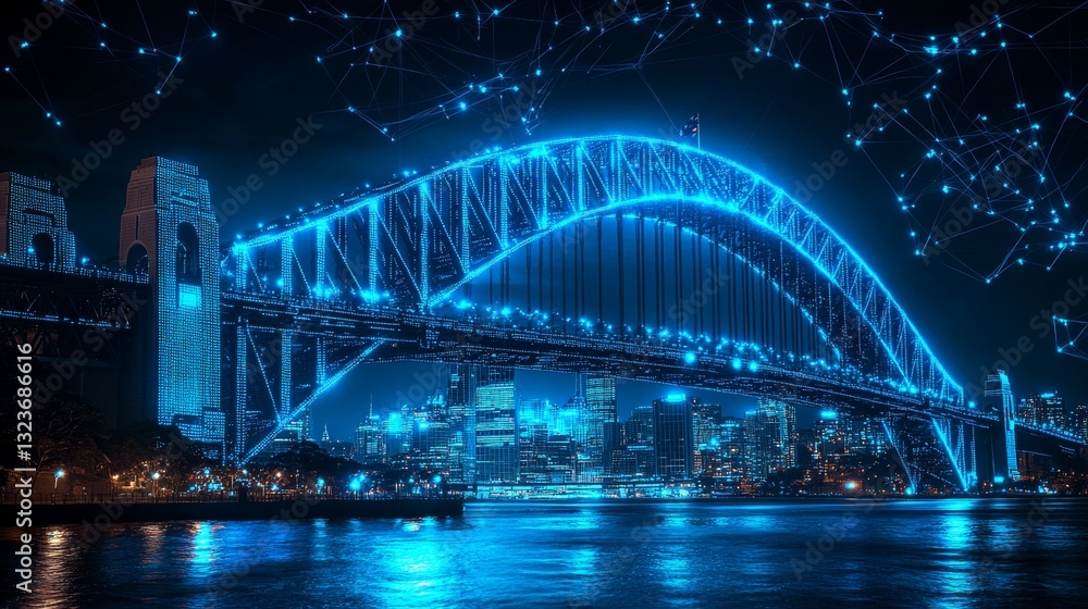 Obraz premium Sydney Harbour Bridge at Night with City Skyline and Futuristic Digital Network Overlay