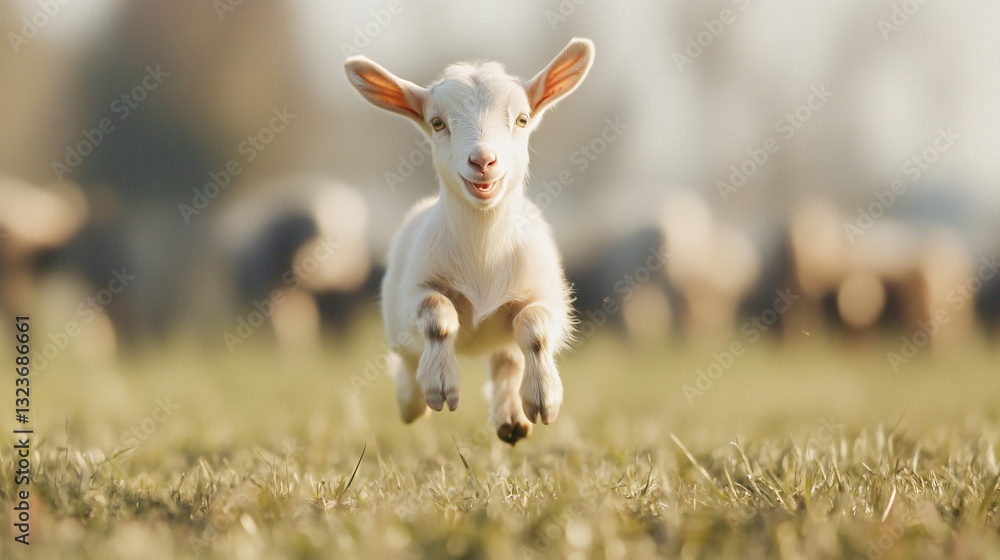 Energetic goat jumping in a sunny pasture, playful young animal surrounded by grazing sheep, lively farm scene. Energetic goat jumping in a sunny pasture, playful young animal surrounded by grazing sheep, lively farm scene.