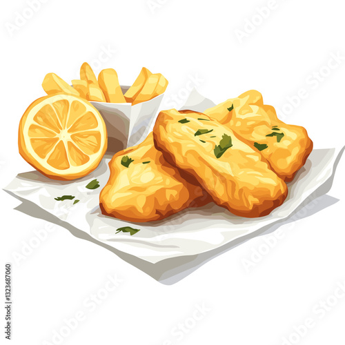 Battered fish and chips with a lemon wedges chip on wrap paper isolated on a white background