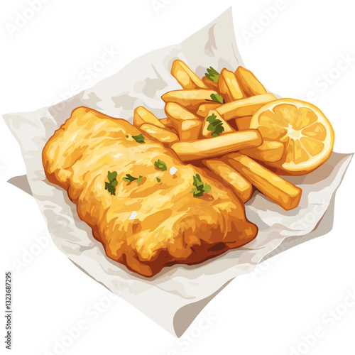 Battered fish and chips with a lemon wedges chip on wrap paper isolated on a white background