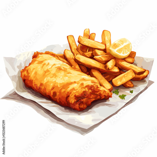 Battered fish and chips with a lemon wedges chip on wrap paper isolated on a white background