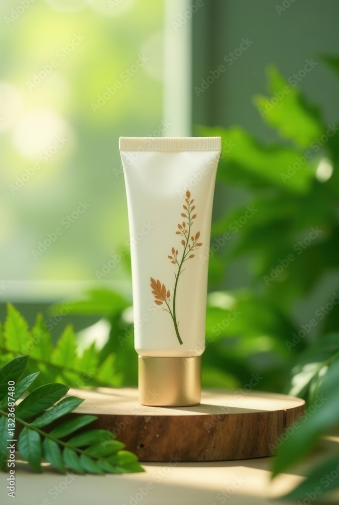 A Botanical-Inspired Cream Tube on a Wooden Display Amidst Lush Greenery A Botanical-Inspired Cream Tube on a Wooden Display Amidst Lush Greenery