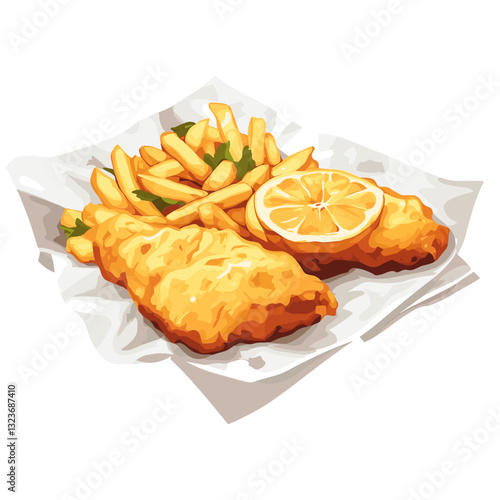 Battered fish and chips with a lemon wedges chip on wrap paper isolated on a white background