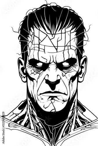 SVG vector features Frankenstein with electric, energy-based design. Abstract Black and White Portrait of a Futuristic Being